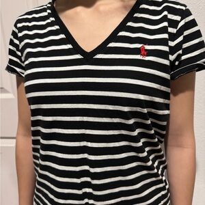 Polo Ralph Lauren Black and White Striped V-Neck Tee Red Pony